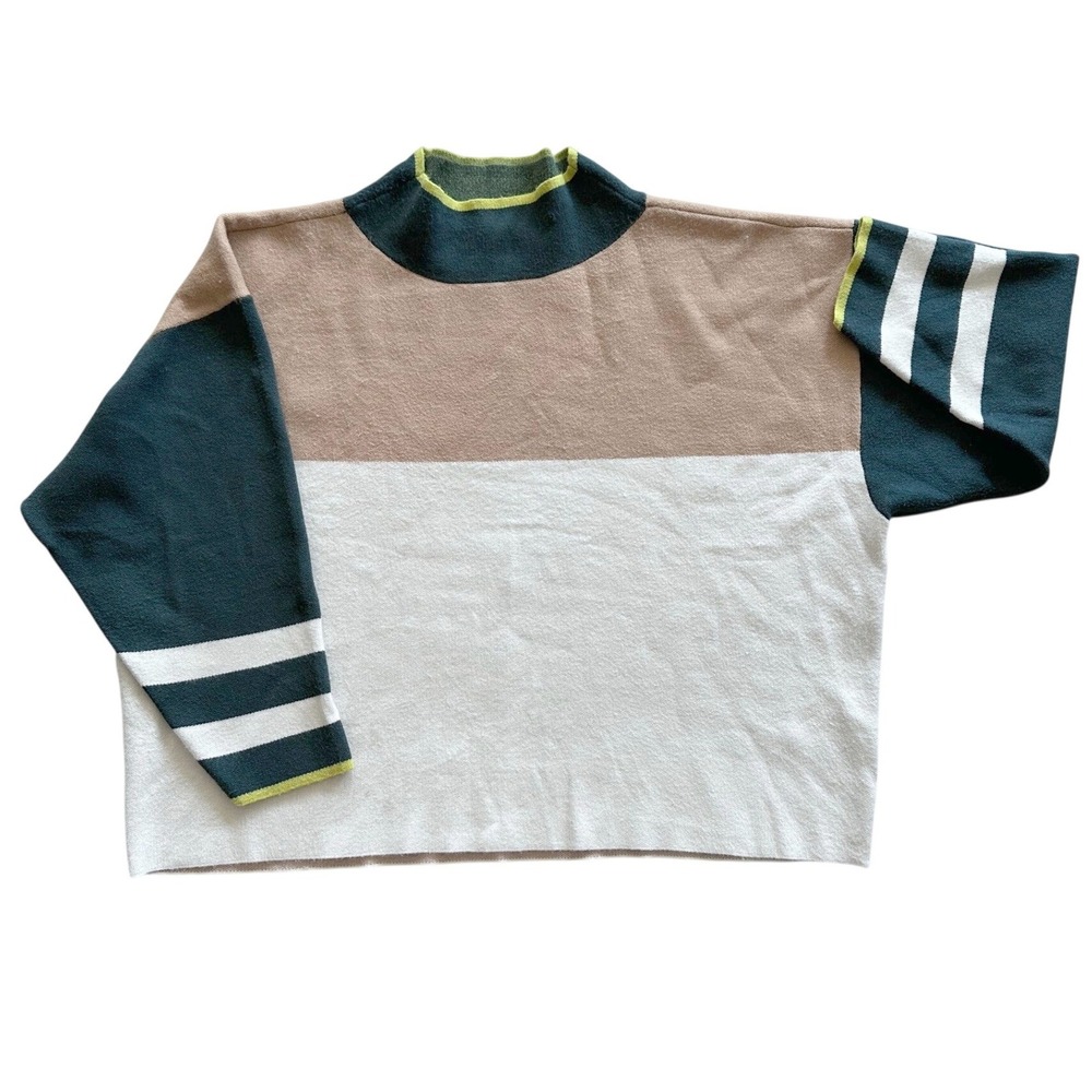 Maeve Anthropologie Womens 1X Colorblock Mock Neck Sweater Green Tan Cream Knit